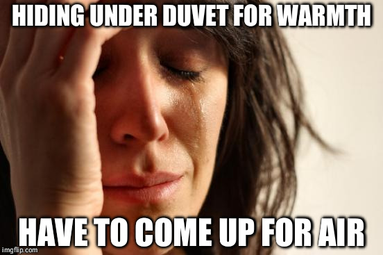 First World Problems | HIDING UNDER DUVET FOR WARMTH HAVE TO COME UP FOR AIR | image tagged in memes,first world problems | made w/ Imgflip meme maker