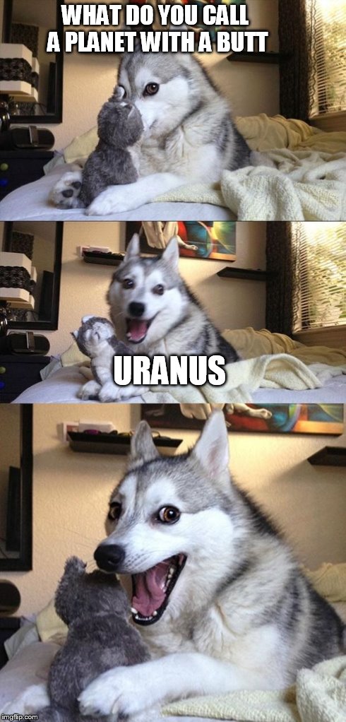 Bad Joke Dog | WHAT DO YOU CALL A PLANET WITH A BUTT URANUS | image tagged in bad joke dog | made w/ Imgflip meme maker