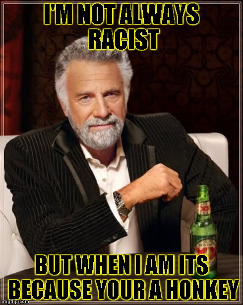 The Most Interesting Man In The World Meme | I'M NOT ALWAYS RACIST BUT WHEN I AM ITS BECAUSE YOUR A HONKEY | image tagged in memes,the most interesting man in the world | made w/ Imgflip meme maker