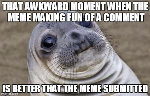 Awkward Moment Sealion Meme | THAT AWKWARD MOMENT WHEN THE MEME MAKING FUN OF A COMMENT IS BETTER THAT THE MEME SUBMITTED | image tagged in memes,awkward moment sealion | made w/ Imgflip meme maker