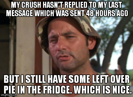 Thankfully it's key lime. | MY CRUSH HASN'T REPLIED TO MY LAST MESSAGE WHICH WAS SENT 48 HOURS AGO BUT I STILL HAVE SOME LEFT OVER PIE IN THE FRIDGE. WHICH IS NICE. | image tagged in memes,so i got that goin for me which is nice | made w/ Imgflip meme maker