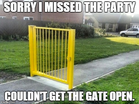 SORRY I MISSED THE PARTY COULDN'T GET THE GATE OPEN. | image tagged in memes | made w/ Imgflip meme maker