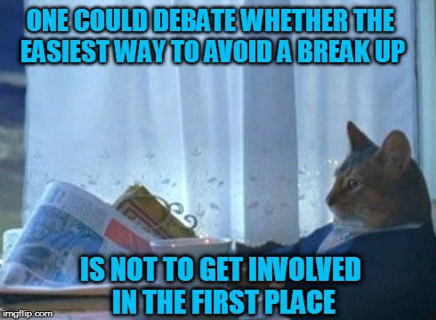 I Should Buy A Boat Cat | ONE COULD DEBATE WHETHER THE EASIEST WAY TO AVOID A BREAK UP IS NOT TO GET INVOLVED IN THE FIRST PLACE | image tagged in memes,i should buy a boat cat | made w/ Imgflip meme maker