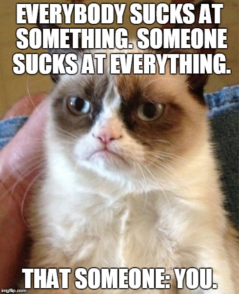 Grumpy Cat Meme | EVERYBODY SUCKS AT SOMETHING. SOMEONE SUCKS AT EVERYTHING. THAT SOMEONE: YOU. | image tagged in memes,grumpy cat | made w/ Imgflip meme maker