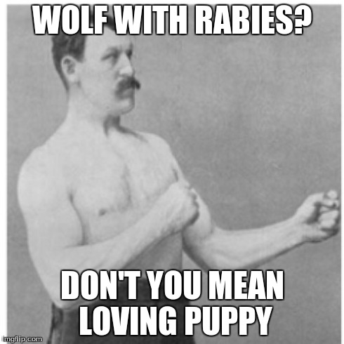 Overly Manly Man | WOLF WITH RABIES? DON'T YOU MEAN LOVING PUPPY | image tagged in memes,overly manly man | made w/ Imgflip meme maker