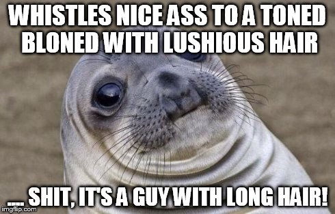 Awkward Moment Sealion | WHISTLES NICE ASS TO A TONED BLONED WITH LUSHIOUS HAIR .... SHIT, IT'S A GUY WITH LONG HAIR! | image tagged in memes,awkward moment sealion | made w/ Imgflip meme maker