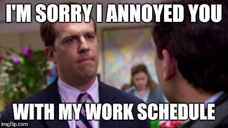 Sorry I annoyed you | I'M SORRY I ANNOYED YOU WITH MY WORK SCHEDULE | image tagged in sorry i annoyed you | made w/ Imgflip meme maker