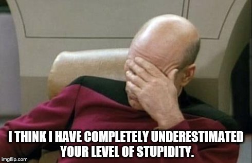 Captain Picard Facepalm Meme | I THINK I HAVE COMPLETELY UNDERESTIMATED YOUR LEVEL OF STUPIDITY. | image tagged in memes,captain picard facepalm | made w/ Imgflip meme maker
