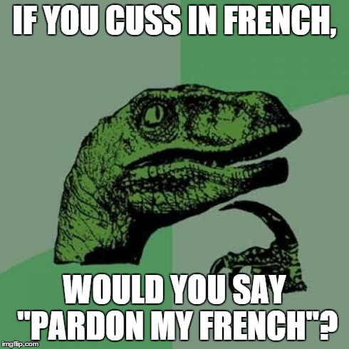 Philosoraptor Meme | IF YOU CUSS IN FRENCH, WOULD YOU SAY "PARDON MY FRENCH"? | image tagged in memes,philosoraptor | made w/ Imgflip meme maker