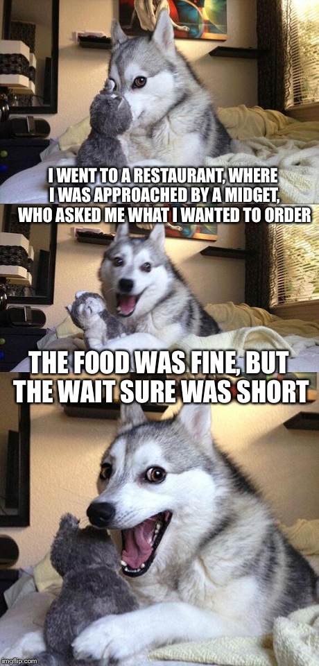 Bad Pun Dog | I WENT TO A RESTAURANT, WHERE I WAS APPROACHED BY A MIDGET, WHO ASKED ME WHAT I WANTED TO ORDER THE FOOD WAS FINE, BUT THE WAIT SURE WAS SHO | image tagged in memes,bad pun dog | made w/ Imgflip meme maker