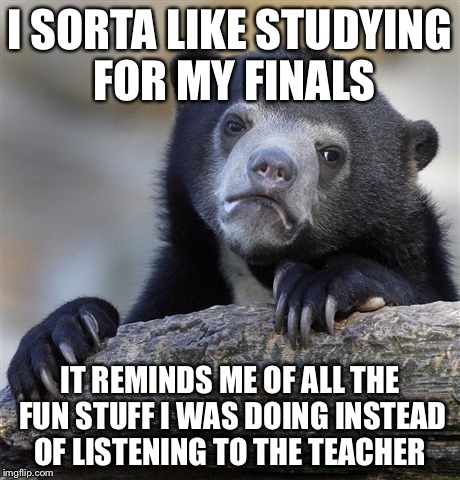 Confession Bear | I SORTA LIKE STUDYING FOR MY FINALS IT REMINDS ME OF ALL THE FUN STUFF I WAS DOING INSTEAD OF LISTENING TO THE TEACHER | image tagged in memes,confession bear | made w/ Imgflip meme maker
