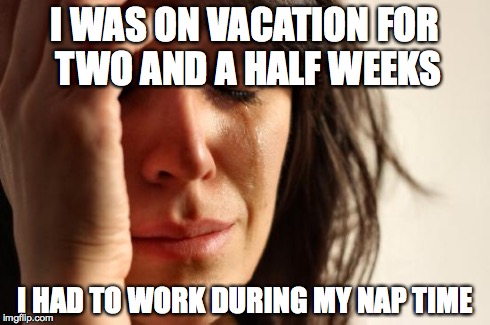 First World Problems | I WAS ON VACATION FOR TWO AND A HALF WEEKS I HAD TO WORK DURING MY NAP TIME | image tagged in memes,first world problems,AdviceAnimals | made w/ Imgflip meme maker