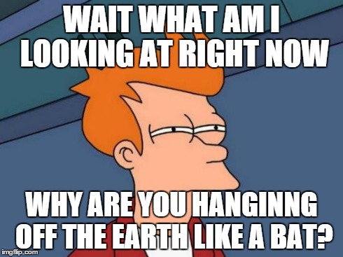 Futurama Fry Meme | WAIT WHAT AM I LOOKING AT RIGHT NOW WHY ARE YOU HANGINNG OFF THE EARTH LIKE A BAT? | image tagged in memes,futurama fry | made w/ Imgflip meme maker