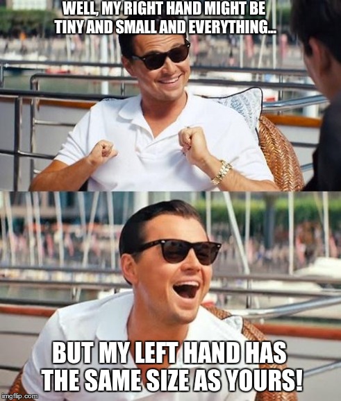 Leonardo Dicaprio Wolf Of Wall Street Meme | WELL, MY RIGHT HAND MIGHT BE TINY AND SMALL AND EVERYTHING... BUT MY LEFT HAND HAS THE SAME SIZE AS YOURS! | image tagged in memes,leonardo dicaprio wolf of wall street | made w/ Imgflip meme maker