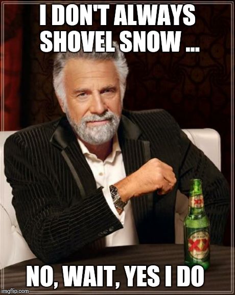 The Most Interesting Man In The World | I DON'T ALWAYS SHOVEL SNOW ... NO, WAIT, YES I DO | image tagged in memes,the most interesting man in the world,winter,shovel,snow | made w/ Imgflip meme maker