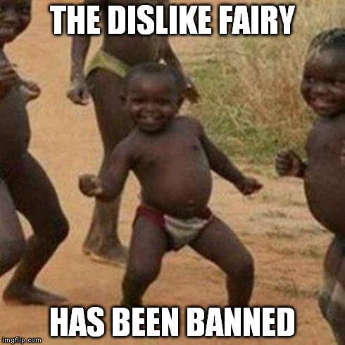 Third World Success Kid Meme | THE DISLIKE FAIRY HAS BEEN BANNED | image tagged in memes,third world success kid | made w/ Imgflip meme maker