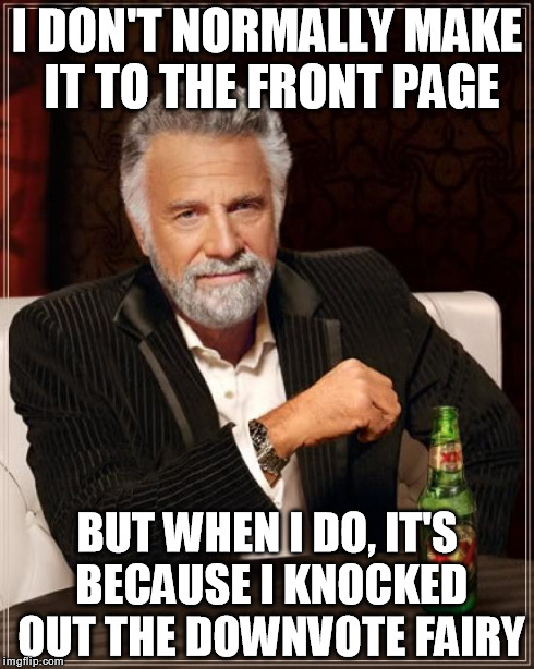 The Most Interesting Man In The World Meme | I DON'T NORMALLY MAKE IT TO THE FRONT PAGE BUT WHEN I DO, IT'S BECAUSE I KNOCKED OUT THE DOWNVOTE FAIRY | image tagged in memes,the most interesting man in the world | made w/ Imgflip meme maker