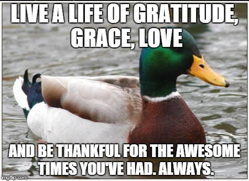 A little tip I think we can all live with. | LIVE A LIFE OF GRATITUDE, GRACE, LOVE AND BE THANKFUL FOR THE AWESOME TIMES YOU'VE HAD. ALWAYS. | image tagged in actual advice mallard,memes,uplifting,inspirational | made w/ Imgflip meme maker