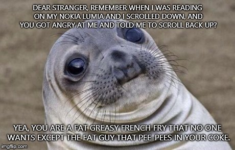 Awkward Moment Sealion | DEAR STRANGER, REMEMBER WHEN I WAS READING ON MY NOKIA LUMIA AND I SCROLLED DOWN, AND YOU GOT ANGRY AT ME AND TOLD ME TO SCROLL BACK UP? YEA | image tagged in memes,awkward moment sealion | made w/ Imgflip meme maker