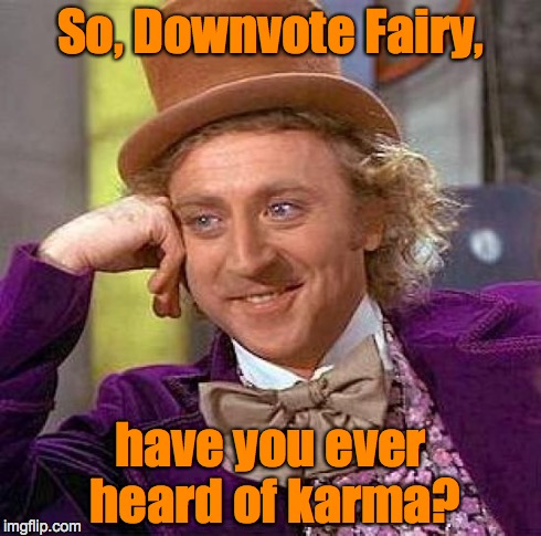 Creepy Condescending Wonka | So, Downvote Fairy, have you ever heard of karma? | image tagged in memes,creepy condescending wonka | made w/ Imgflip meme maker