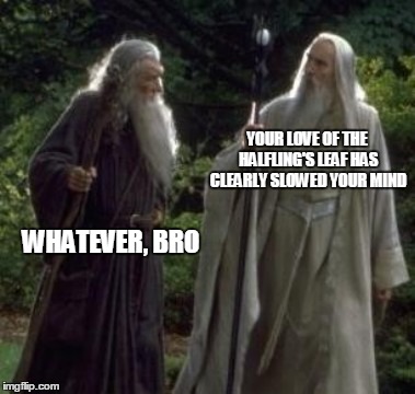 The halfling's leaf | YOUR LOVE OF THE HALFLING'S LEAF HAS CLEARLY SLOWED YOUR MIND WHATEVER, BRO | image tagged in lotr,gandalf | made w/ Imgflip meme maker