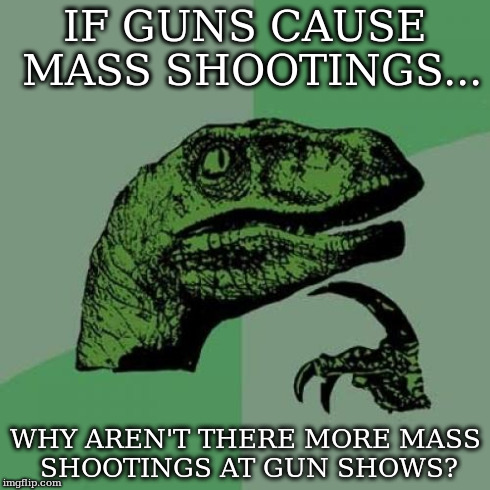 Philosoraptor Meme | IF GUNS CAUSE MASS SHOOTINGS... WHY AREN'T THERE MORE MASS SHOOTINGS AT GUN SHOWS? | image tagged in memes,philosoraptor | made w/ Imgflip meme maker