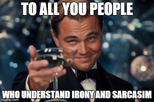 Leonardo Dicaprio Cheers | TO ALL YOU PEOPLE WHO UNDERSTAND IRONY AND SARCASIM | image tagged in memes,leonardo dicaprio cheers | made w/ Imgflip meme maker