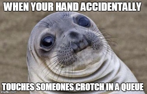 Awkward Moment Sealion Meme | WHEN YOUR HAND ACCIDENTALLY TOUCHES SOMEONES CROTCH IN A QUEUE | image tagged in memes,awkward moment sealion | made w/ Imgflip meme maker