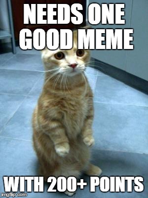 begging cat | NEEDS ONE GOOD MEME WITH 200+ POINTS | image tagged in begging cat | made w/ Imgflip meme maker