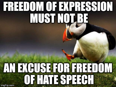 Unpopular Opinion Puffin | FREEDOM OF EXPRESSION MUST NOT BE AN EXCUSE FOR FREEDOM OF HATE SPEECH | image tagged in memes,unpopular opinion puffin | made w/ Imgflip meme maker