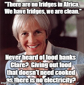 Fridges | "There are no fridges in Africa.  We have fridges, we are clean." Never heard of food banks Clare?  Giving out food that doesn't need cooked | image tagged in humour breastfeeding | made w/ Imgflip meme maker