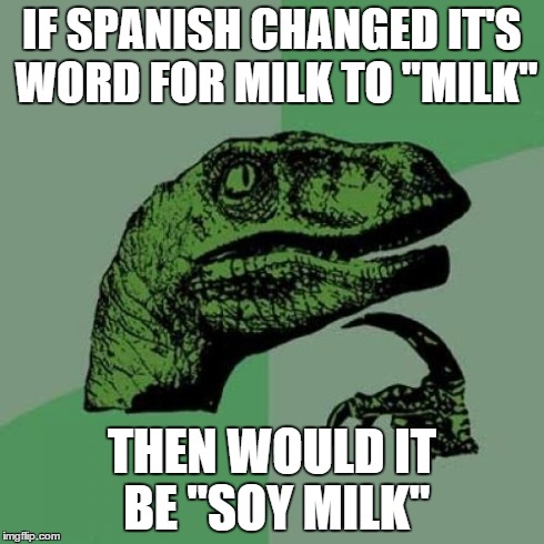Philosoraptor | IF SPANISH CHANGED IT'S WORD FOR MILK TO "MILK" THEN WOULD IT BE "SOY MILK" | image tagged in memes,philosoraptor | made w/ Imgflip meme maker