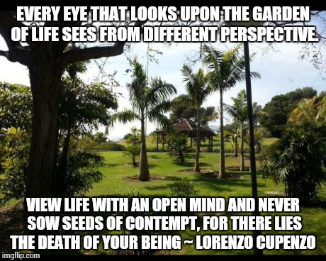 EVERY EYE THAT LOOKS UPON THE GARDEN OF LIFE SEES FROM DIFFERENT PERSPECTIVE. VIEW LIFE WITH AN OPEN MIND AND NEVER SOW SEEDS OF CONTEMPT, F | image tagged in file 3 | made w/ Imgflip meme maker