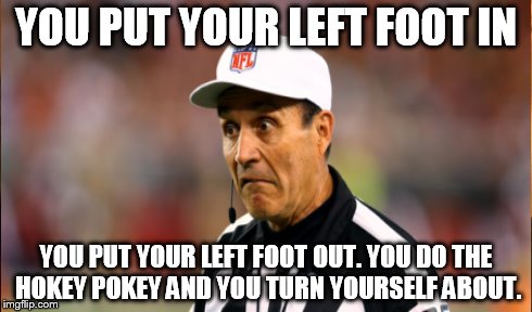 YOU PUT YOUR LEFT FOOT IN YOU PUT YOUR LEFT FOOT OUT. YOU DO THE HOKEY POKEY AND YOU TURN YOURSELF ABOUT. | image tagged in nfl,badcalls,referee,playoffs,football,hokey pokey | made w/ Imgflip meme maker