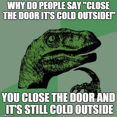 Philosoraptor Meme | WHY DO PEOPLE SAY "CLOSE THE DOOR IT'S COLD OUTSIDE!" YOU CLOSE THE DOOR AND IT'S STILL COLD OUTSIDE | image tagged in memes,philosoraptor | made w/ Imgflip meme maker