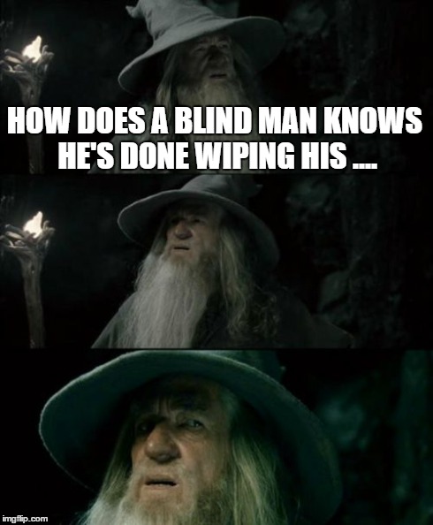 Confused Gandalf | HOW DOES A BLIND MAN KNOWS HE'S DONE WIPING HIS .... | image tagged in memes,confused gandalf | made w/ Imgflip meme maker