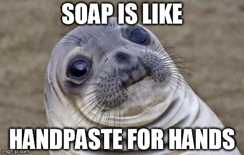 Awkward Moment Sealion Meme | SOAP IS LIKE HANDPASTE FOR HANDS | image tagged in memes,awkward moment sealion | made w/ Imgflip meme maker