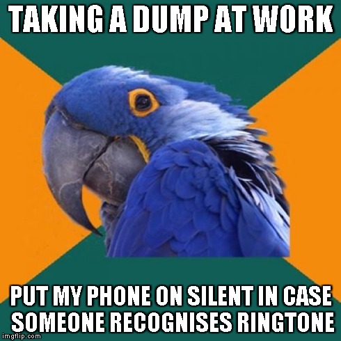 Paranoid Parrot | TAKING A DUMP AT WORK PUT MY PHONE ON SILENT IN CASE SOMEONE RECOGNISES RINGTONE | image tagged in memes,paranoid parrot,AdviceAnimals | made w/ Imgflip meme maker