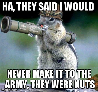 Bazooka Squirrel | HA, THEY SAID I WOULD NEVER MAKE IT TO THE ARMY, THEY WERE NUTS | image tagged in memes,bazooka squirrel | made w/ Imgflip meme maker