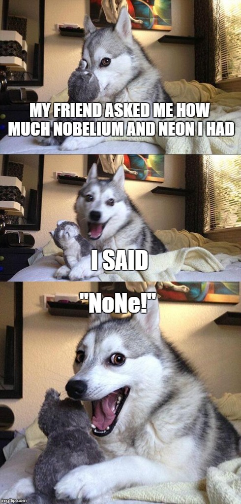 Bad Pun Dog Meme | MY FRIEND ASKED ME HOW MUCH NOBELIUM AND NEON I HAD I SAID "NoNe!" | image tagged in memes,bad pun dog | made w/ Imgflip meme maker