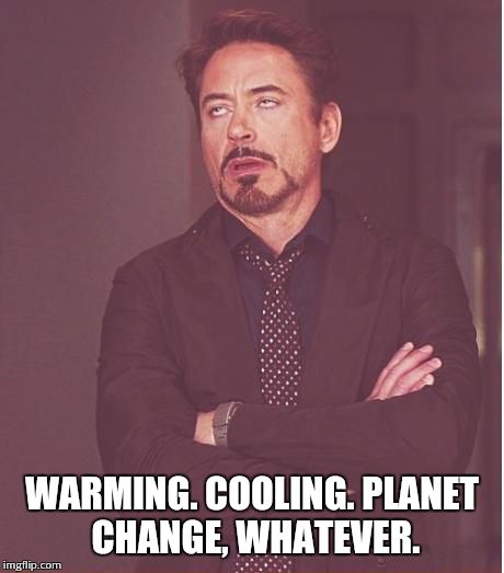 That face you make when the polar vortex story is featured after the report on global warming. . . | WARMING. COOLING. PLANET CHANGE, WHATEVER. | image tagged in memes,face you make robert downey jr,global warming | made w/ Imgflip meme maker