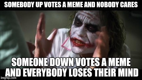 And everybody loses their minds | SOMEBODY UP VOTES A MEME AND NOBODY CARES SOMEONE DOWN VOTES A MEME AND EVERYBODY LOSES THEIR MIND | image tagged in memes,and everybody loses their minds | made w/ Imgflip meme maker