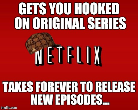 scumbag netflix | GETS YOU HOOKED ON ORIGINAL SERIES TAKES FOREVER TO RELEASE NEW EPISODES... | image tagged in scumbag netflix,scumbag | made w/ Imgflip meme maker
