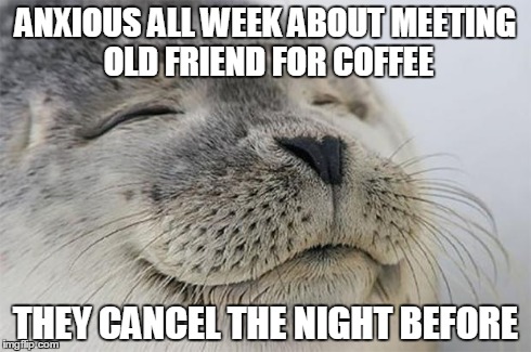 Satisfied Seal Meme | ANXIOUS ALL WEEK ABOUT MEETING OLD FRIEND FOR COFFEE THEY CANCEL THE NIGHT BEFORE | image tagged in memes,satisfied seal | made w/ Imgflip meme maker