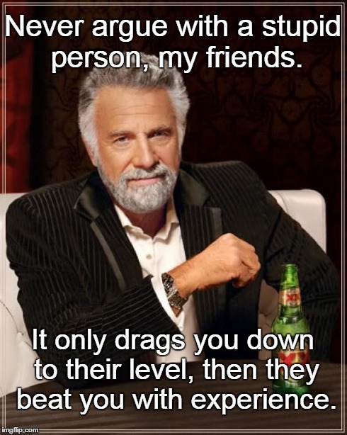 Stupid People | Never argue with a stupid person, my friends. It only drags you down to their level, then they beat you with experience. | image tagged in memes,the most interesting man in the world,funny,ironic | made w/ Imgflip meme maker