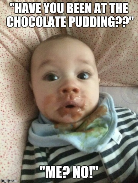 "HAVE YOU BEEN AT THE CHOCOLATE PUDDING??" "ME? NO!" | image tagged in baby | made w/ Imgflip meme maker