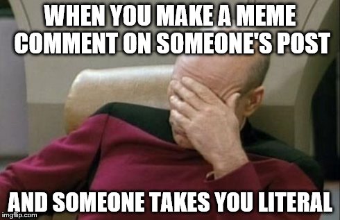 Captain Picard Facepalm Meme | WHEN YOU MAKE A MEME COMMENT ON SOMEONE'S POST AND SOMEONE TAKES YOU LITERAL | image tagged in memes,captain picard facepalm | made w/ Imgflip meme maker