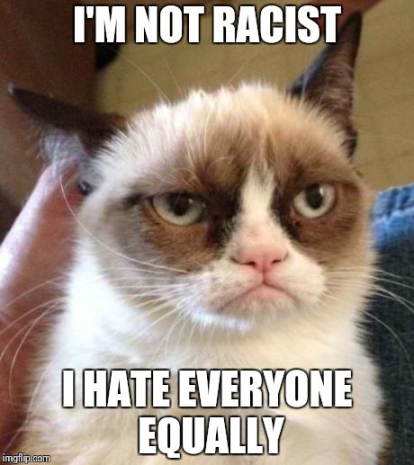 Grumpy Cat Reverse | I'M NOT RACIST I HATE EVERYONE EQUALLY | image tagged in memes,grumpy cat reverse,grumpy cat | made w/ Imgflip meme maker