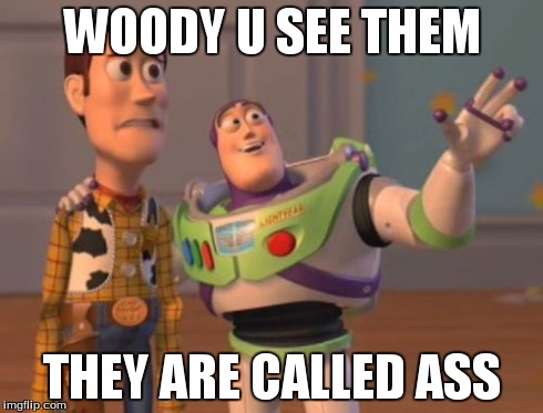 X, X Everywhere Meme | WOODY U SEE THEM THEY ARE CALLED ASS | image tagged in memes,x x everywhere | made w/ Imgflip meme maker