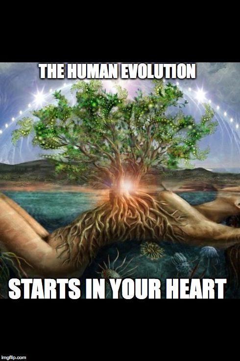 Evolutionary MindFLow | THE HUMAN EVOLUTION STARTS IN YOUR HEART | image tagged in evolution,spirituality,soul,nature,human,mind | made w/ Imgflip meme maker